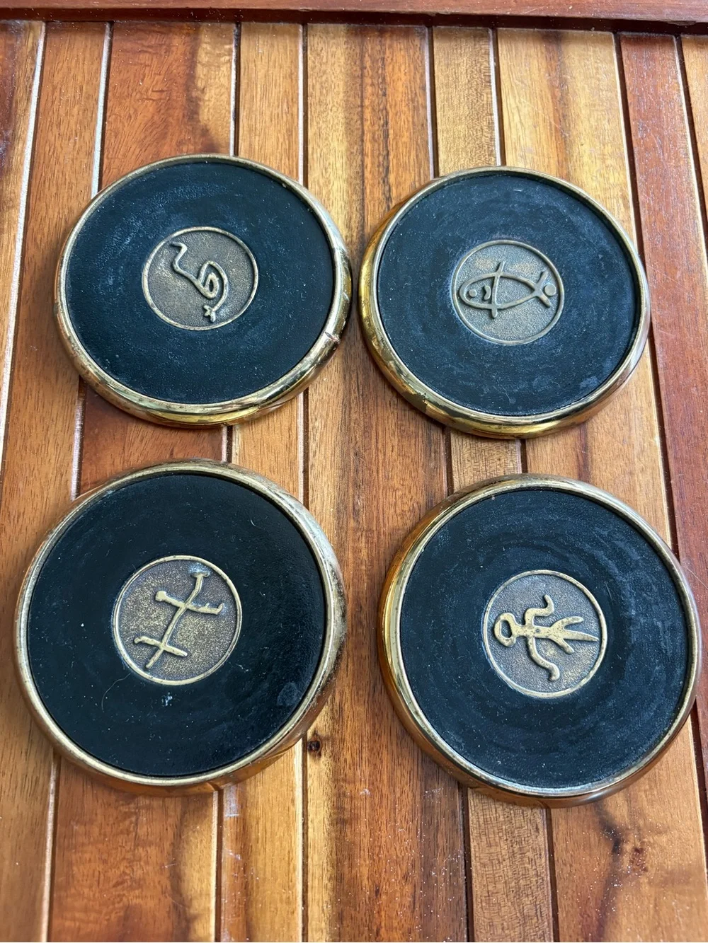 Vintage Solid Brass Leather & Cork Coaster Set of 4 Early Christian Symbols